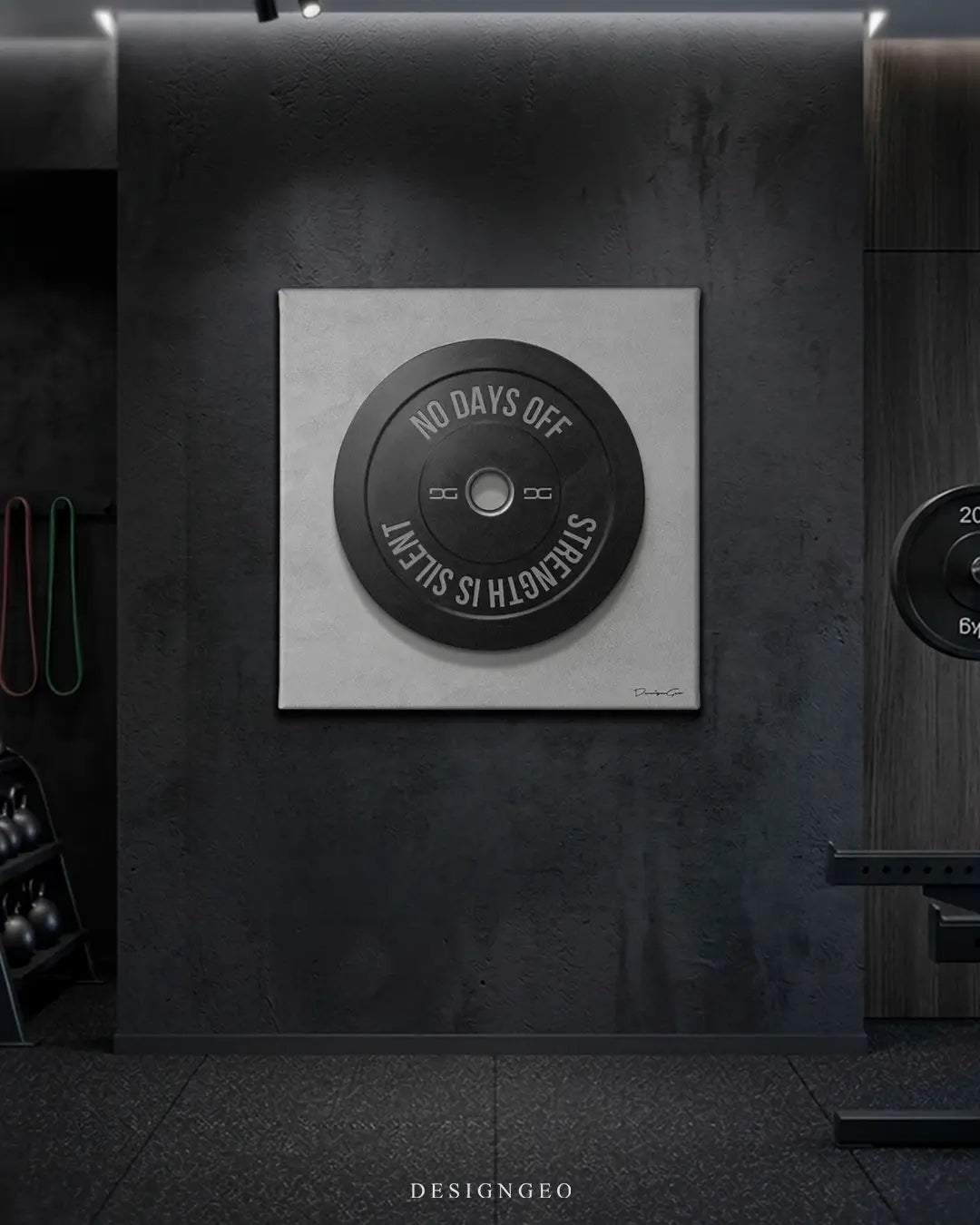 Modern gym interior featuring a square canvas print of a large heavyweight gym weight plate canvas wall art , creating a bold artistic statement on the wall for athletes
