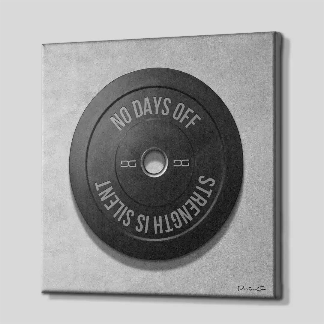Side angle of the black weight plate and white quote motivation canvas print, highlighting the high-quality gallery wrap finish and the professional 3D frame depth