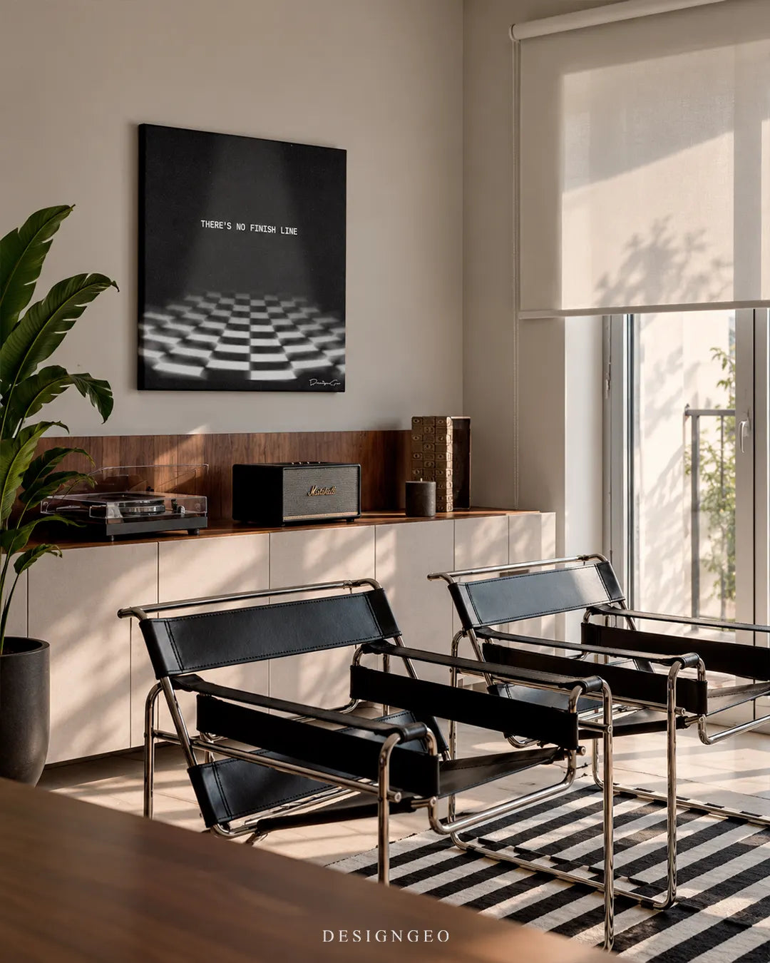 There's No Finish Line checkered flag square canvas wall art mounted on wall above modern wooden sideboard with record player and Wassily chairs 0.75 inch thin wrap