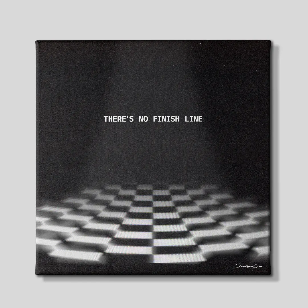 Front view of a square dark motivational canvas print featuring centered white typography reading THERE'S NO FINISH LINE above an optical illusion black and white checkered grid perspective