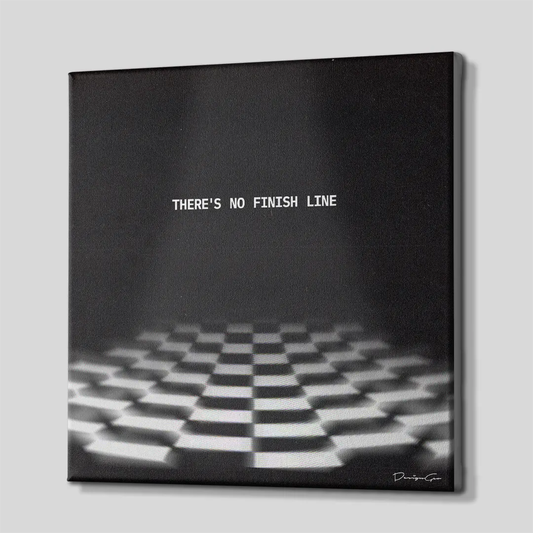 Three-quarter side angle of the There's No Finish Line canvas wall art showing gallery-wrapped dark edges mounted on a sturdy wooden stretcher frame