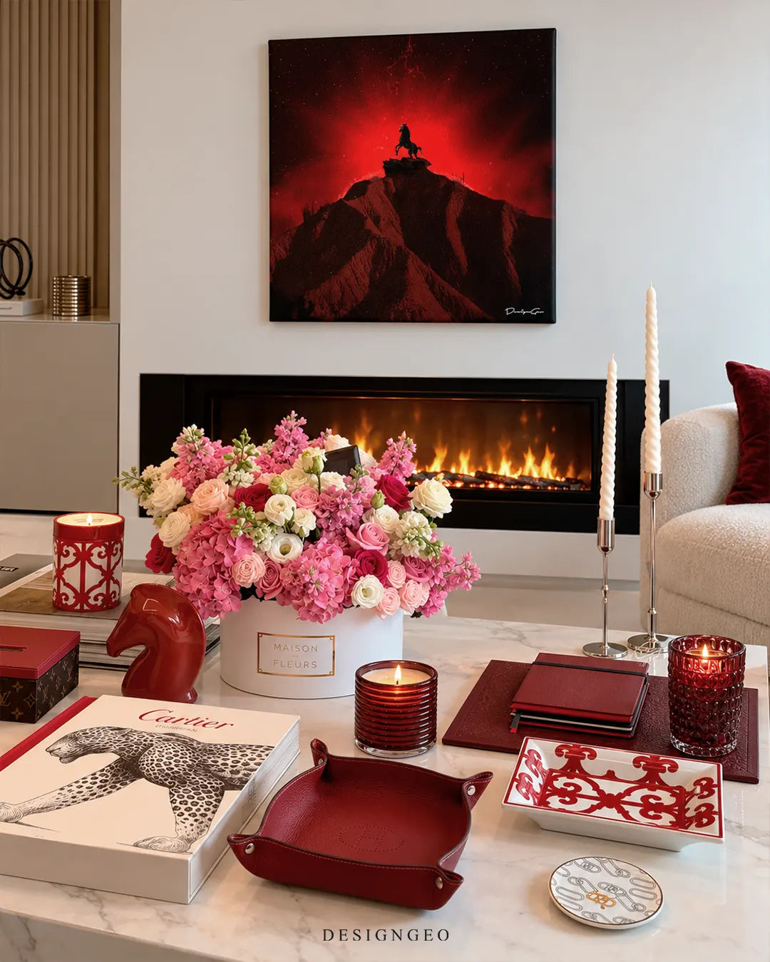 No Limits rearing horse silhouette red glow mountain peak square canvas wall art mounted on wall in luxury living room above modern fireplace 0.75 inch thin wrap