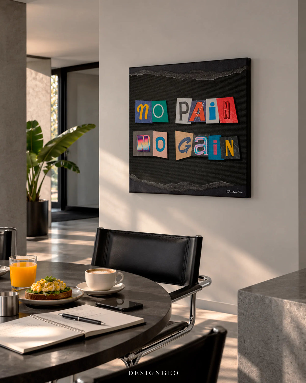 No Pain No Gain colorful magazine ransom note cutout square motivational canvas wall art mounted on off-white wall above round dining table with breakfast and coffee 0.75 inch thin wrap