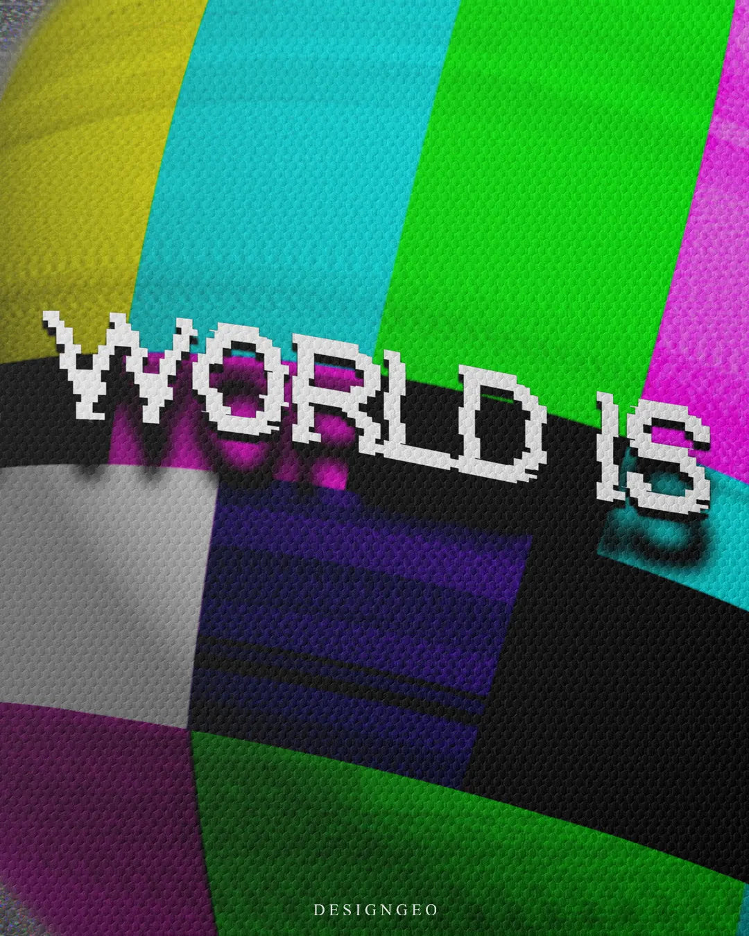 Close-up macro view of the canvas surface, highlighting the fine woven texture and the details of the white typography spelling "WORLD IS" over colourful TV test pattern SMPTE bars