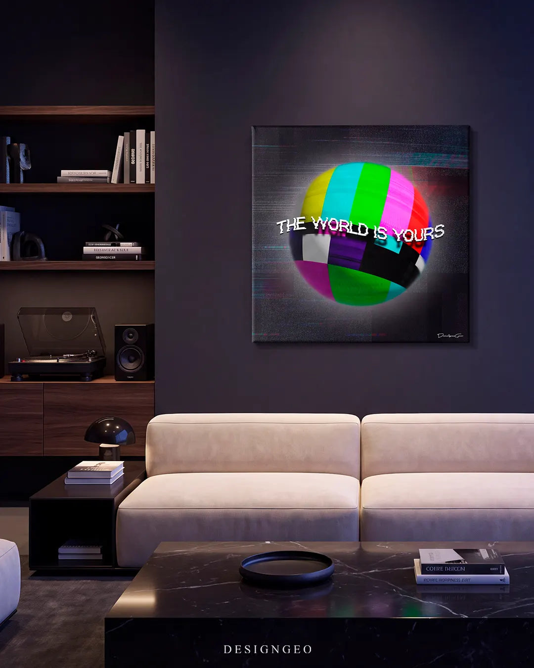 Modern executive office interior with dark grey walls, featuring "THE WORLD IS YOURS" glitch art canvas print mounted above a beige sectional sofa and a black marble coffee table