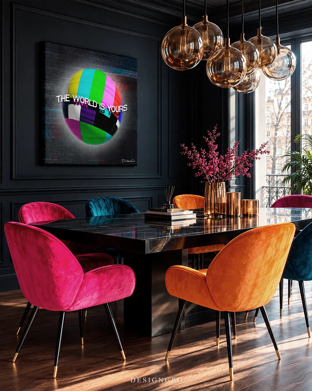 Glitch TV test pattern globe reading The World Is Yours square canvas wall art displayed on a dark gray wainscoting wall in a luxury dining room with velvet chairs 0.75 inch thin wrap