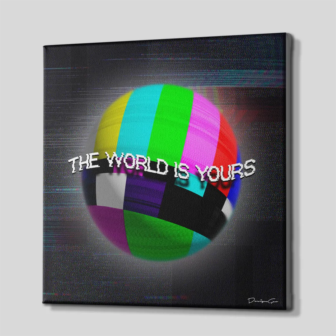 Side profile of the square glitch art canvas print, showing the continuous gallery wrap edges where the black background and text colors extend around the solid wooden frame