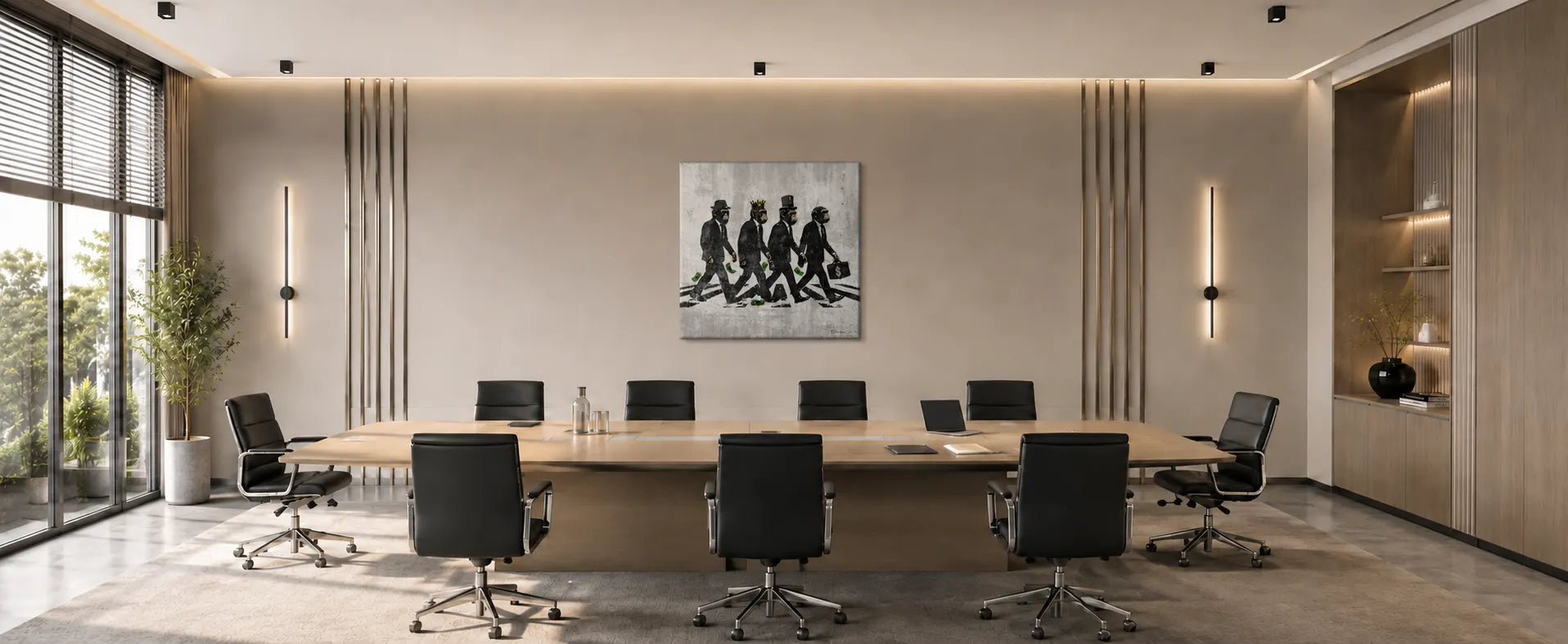 Modern executive conference room featuring a large square Banksy-style canvas print of suit-wearing monkeys walking across a crosswalk, mounted on a beige wall above a long wooden boardroom table