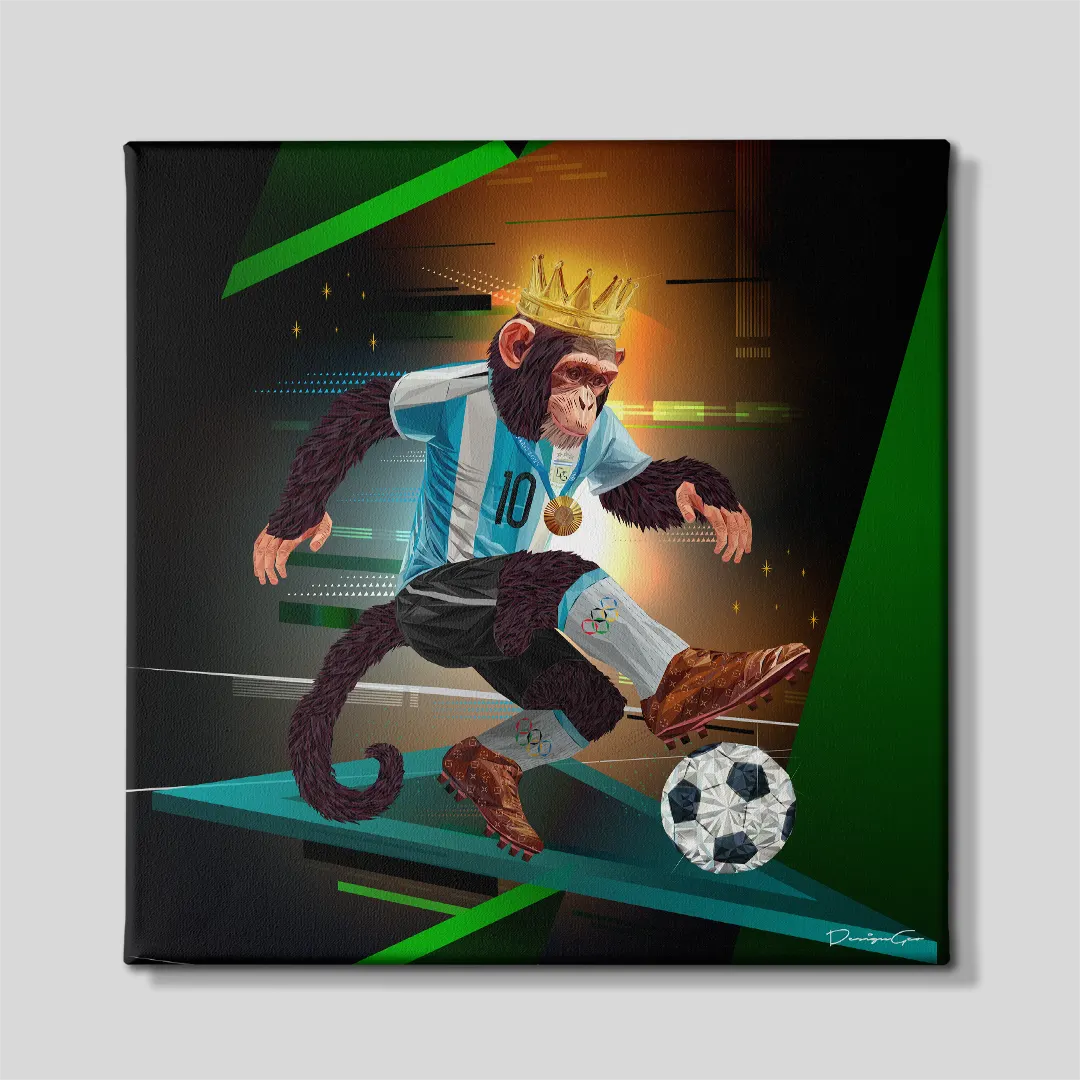 Front view of a square canvas print featuring a chimpanzee soccer player wearing a golden crown, number 10 Argentina jersey, and a gold medal while dribbling a faceted soccer ball