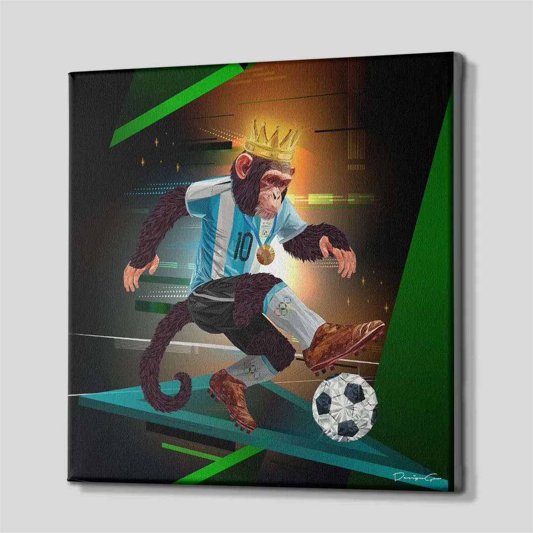 Three-quarter side angle of the Olympic Football Player monkey canvas wall art showing gallery-wrapped dark green edges mounted on a wooden frame
