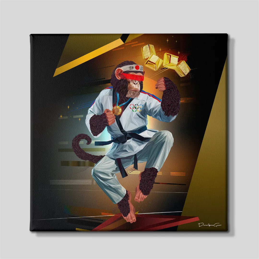 Front view of a square canvas print featuring a chimpanzee martial artist in a white gi breaking gold bars with a mid-air karate chop