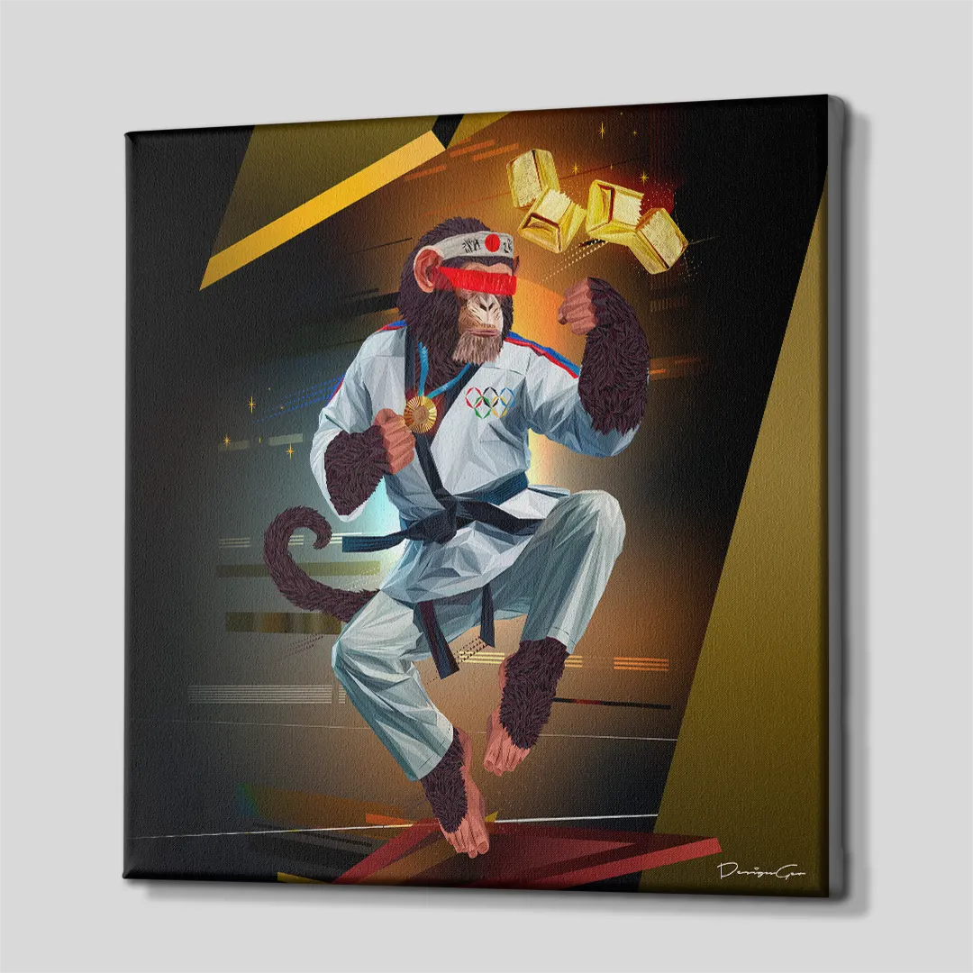 Three-quarter side angle of the Olympic Karate monkey canvas wall art showing gallery-wrapped dark edges mounted on a wooden frame