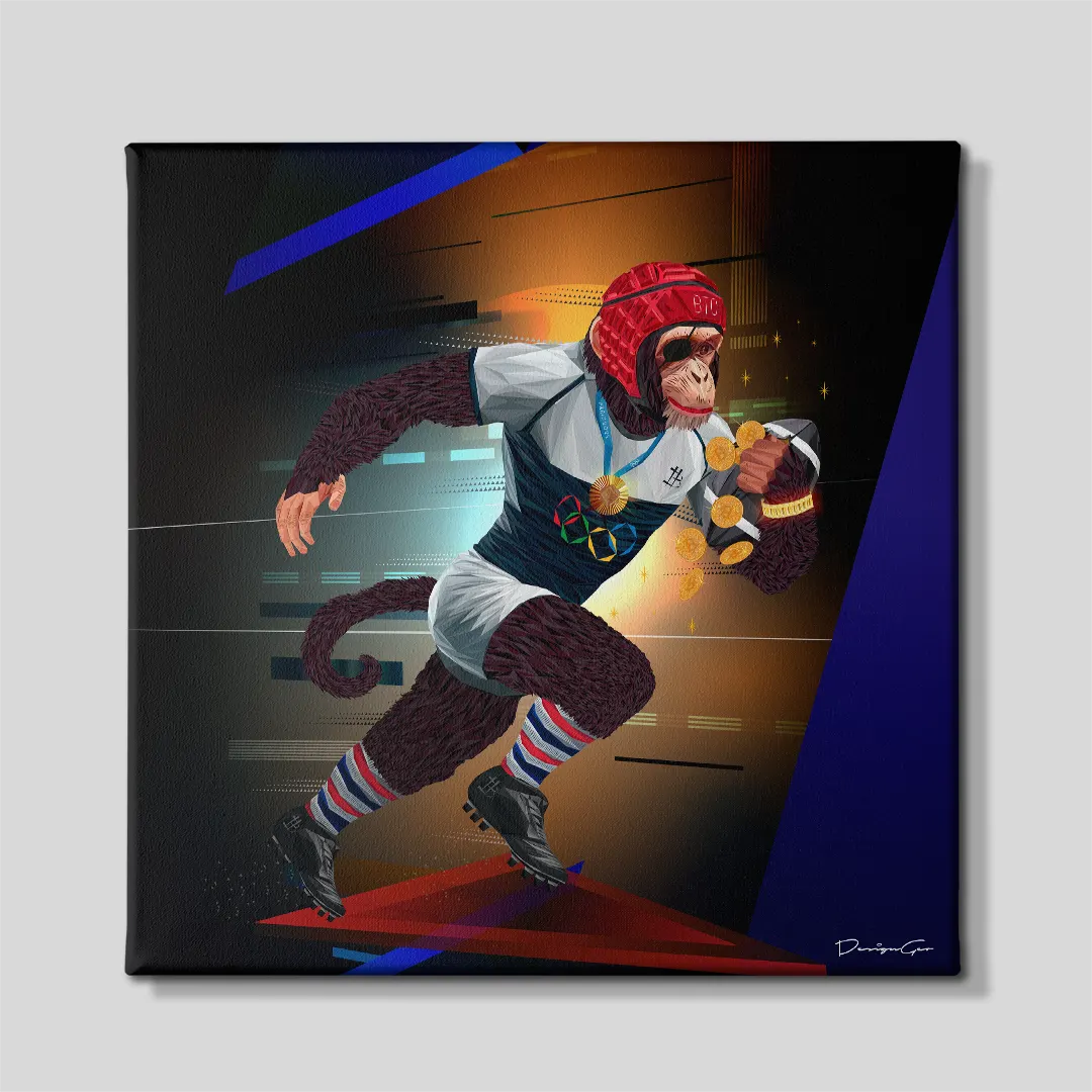 Front view of a square canvas print featuring a chimpanzee rugby player wearing a red headguard, gold medal, and eyepatch while sprinting with a rugby ball and trailing Bitcoin coins