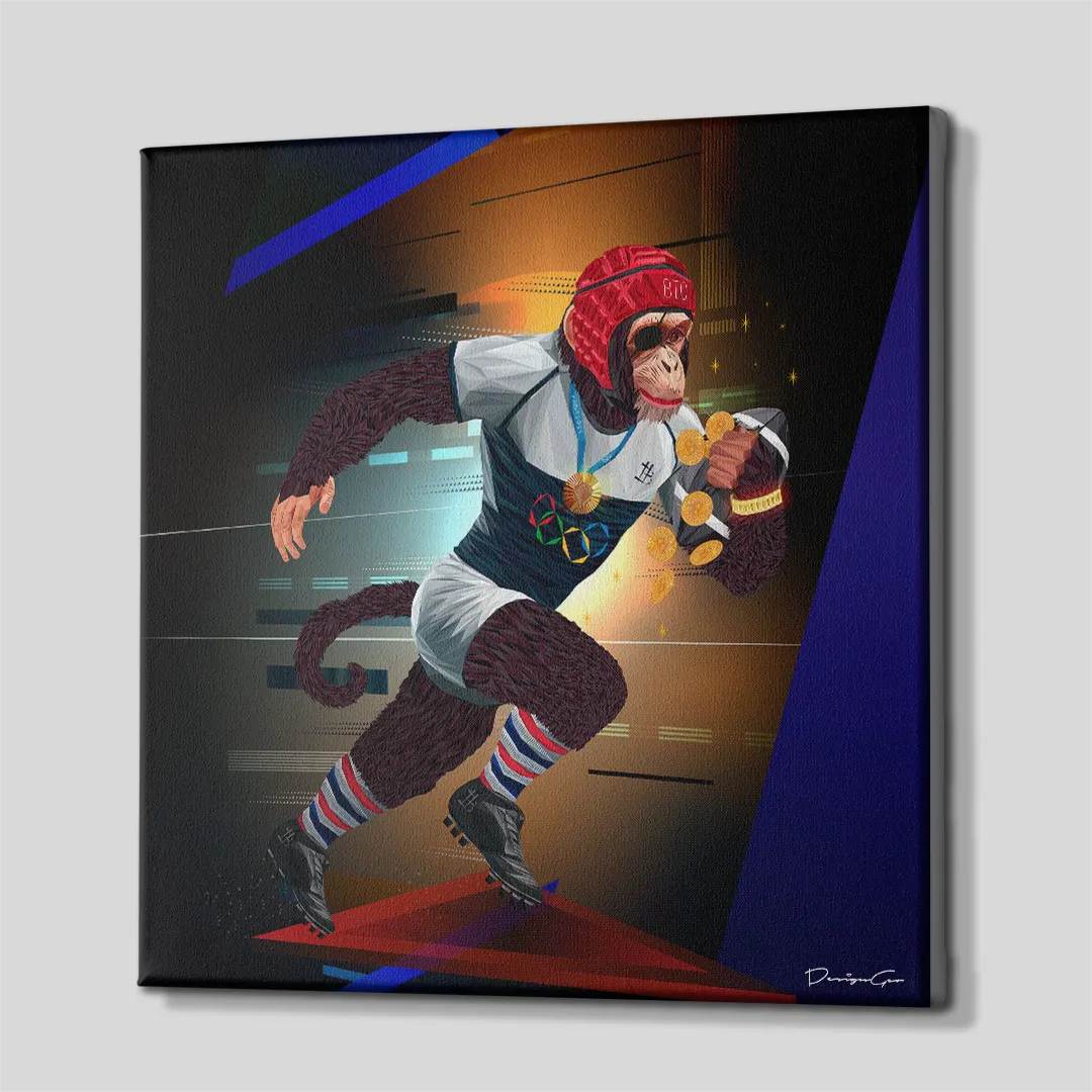 Three-quarter side angle of the Olympic Rugby Player monkey canvas wall art showing gallery-wrapped dark blue edges mounted on a wooden frame