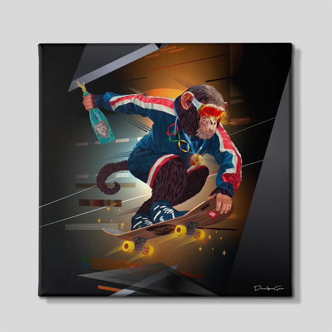 Front view of a square dark canvas print featuring an Olympic skater chimpanzee riding a skateboard while holding champagne, wearing a tracksuit and gold medal