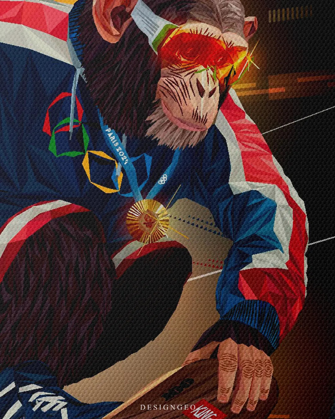 Close-up macro detail shot showing woven canvas texture, a chimpanzee wearing red sport visor sunglasses, Paris 2024 lanyard, gold medal, and Olympic rings tracksuit