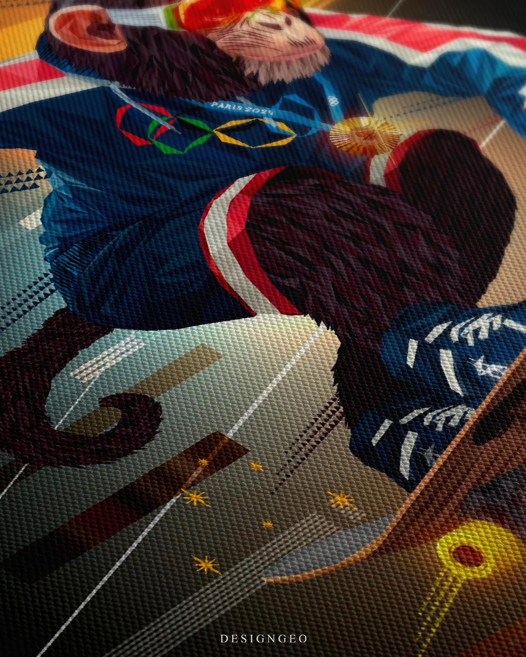 Angled extreme macro view highlighting the textured canvas weave, skateboard deck, glowing yellow wheels, dark background lines, and geometric tracksuit pattern