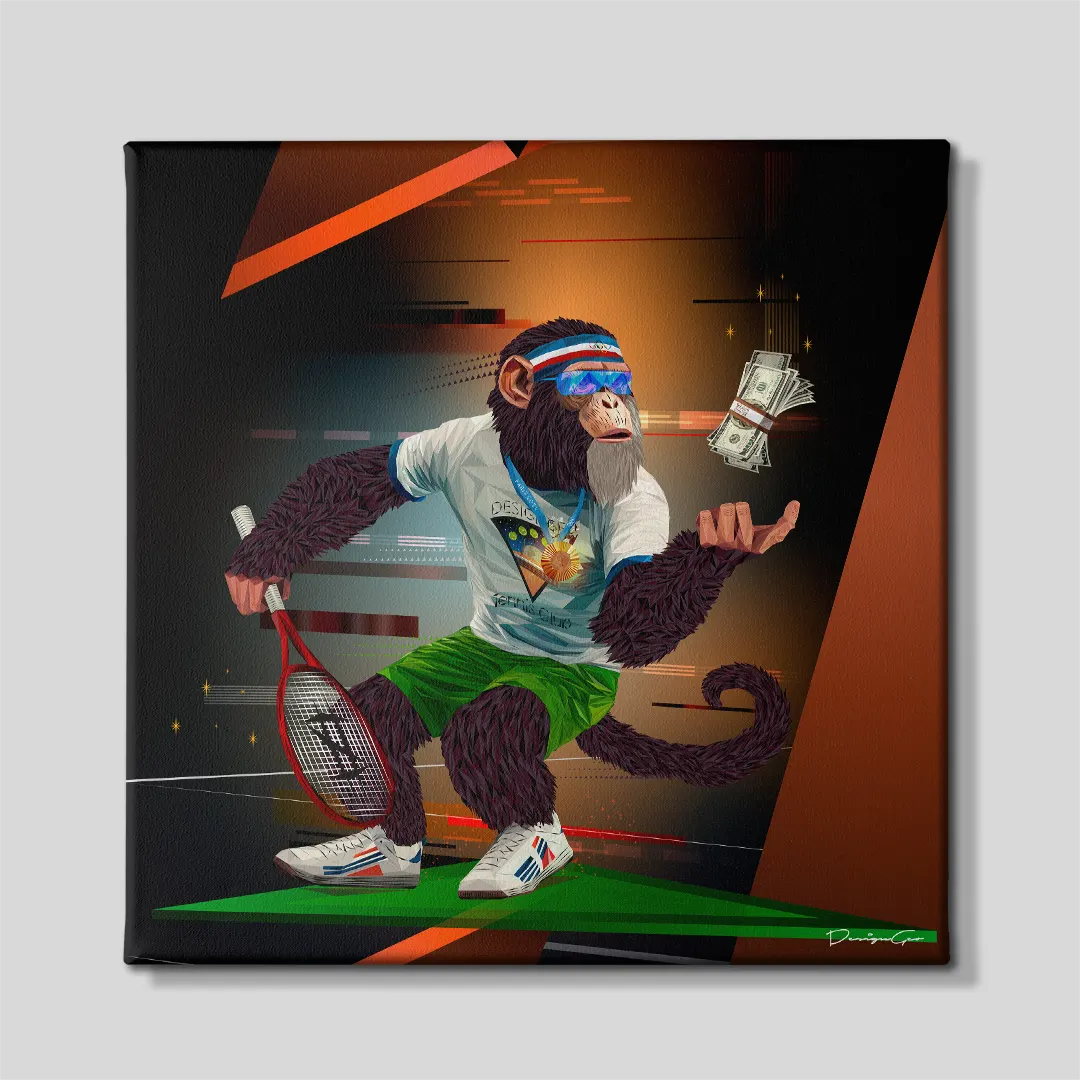 Front view of a square dark canvas print featuring a monkey playing tennis with a red racket, gold medal, and levitating stack of dollar bills