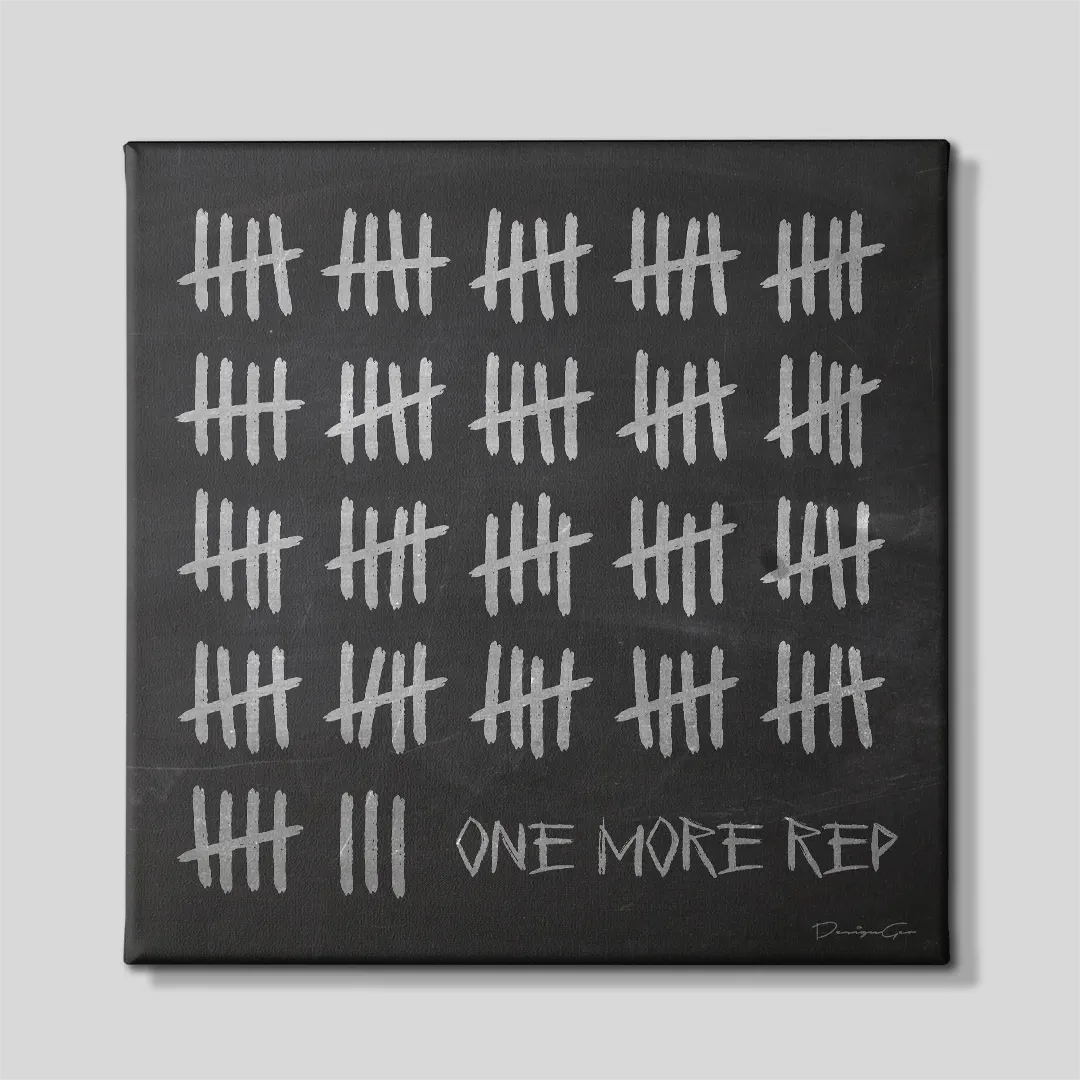 Front view of a square motivational canvas print featuring white chalk tally marks on a black chalkboard background with handwritten ONE MORE REP text at the bottom
