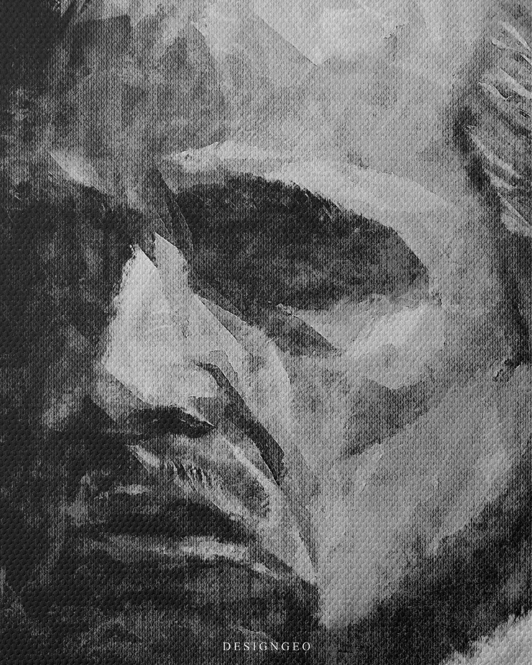 Close up portrait view of Italian mobster canvas print featuring artistic black and white monochrome brushstrokes and fine canvas grain
