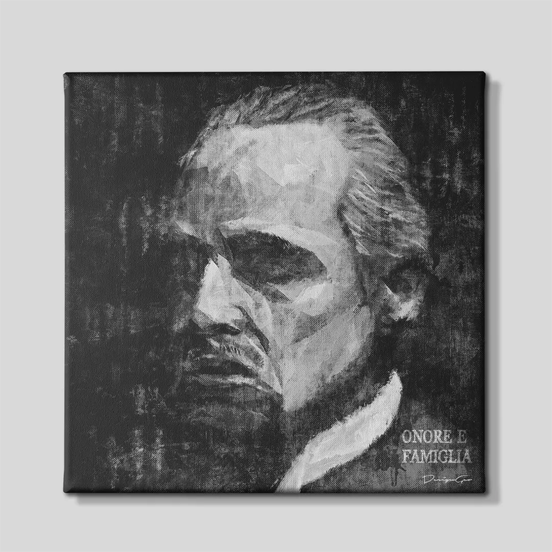 Front view of square black and white canvas print showing an Italian mobster portrait with Italian text ONORE E FAMIGLIA on a light grey background