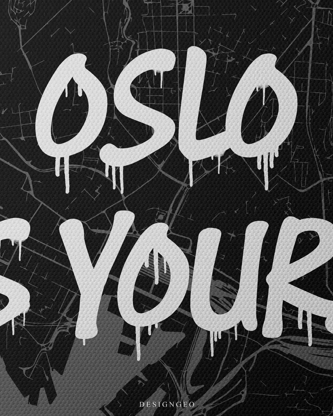 Detailed vertical view of the "Oslo is Yours" square canvas print, showcasing the intricate street map lines of Norway's capital behind a white spray-painted graffiti tag