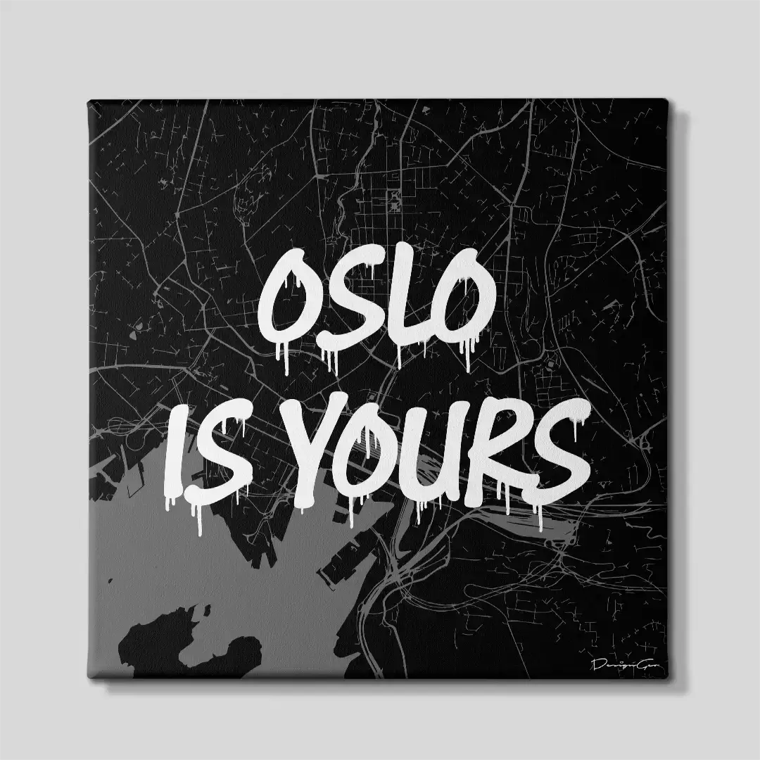 Front view of the premium "Oslo is Yours" square canvas print, a striking street art style city map ideal for corporate offices, creative studios, and modern home decor