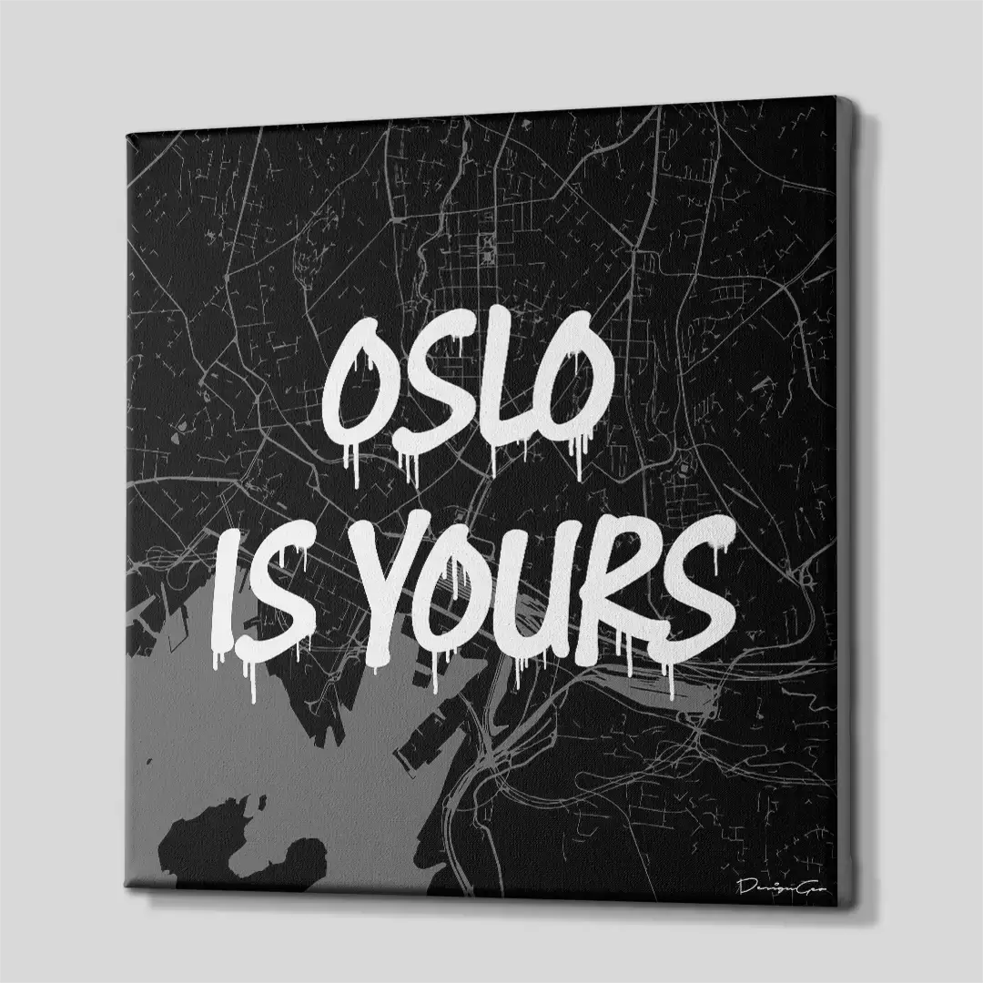 Side perspective of the contemporary Oslo graffiti map canvas wall art, highlighting the seamless gallery wrap edges and thick 3D frame structure for luxury displays