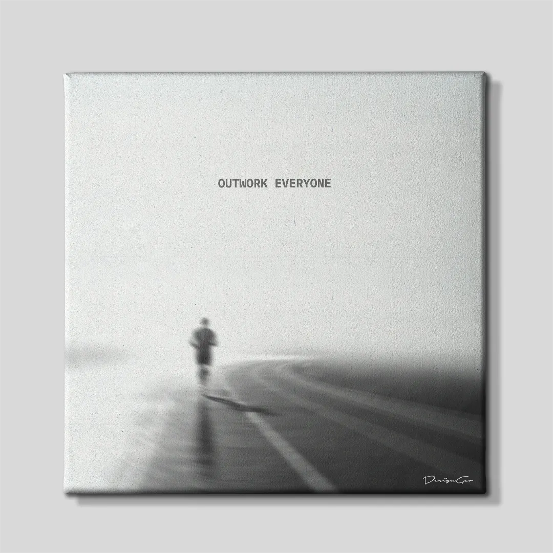 Black and white inspirational square canvas art featuring a runner on a misty track with quote Outwork Everyone 0.75 inch thin wrap