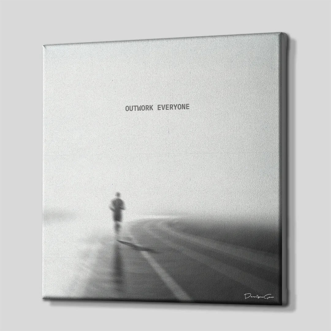 Side perspective view of black and white square canvas wall art showing Outwork Everyone running artwork with gallery wrapped edge 0.75 inch thin wrap