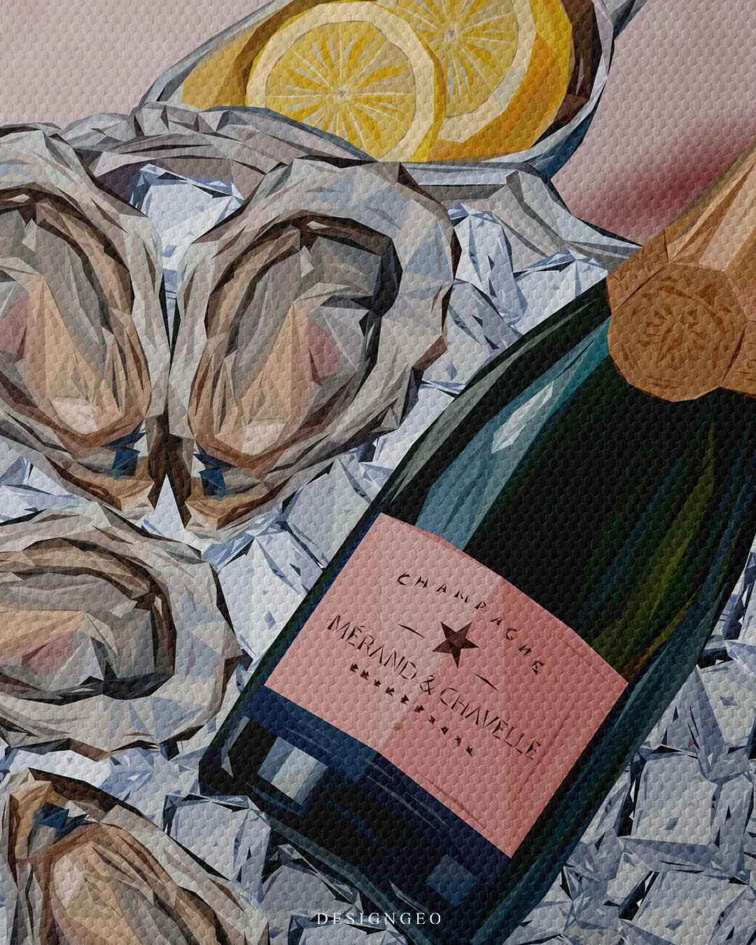 Close-up macro detail shot showing the textured canvas grain, geometric champagne bottle label, lemons, and geometric ice cubes