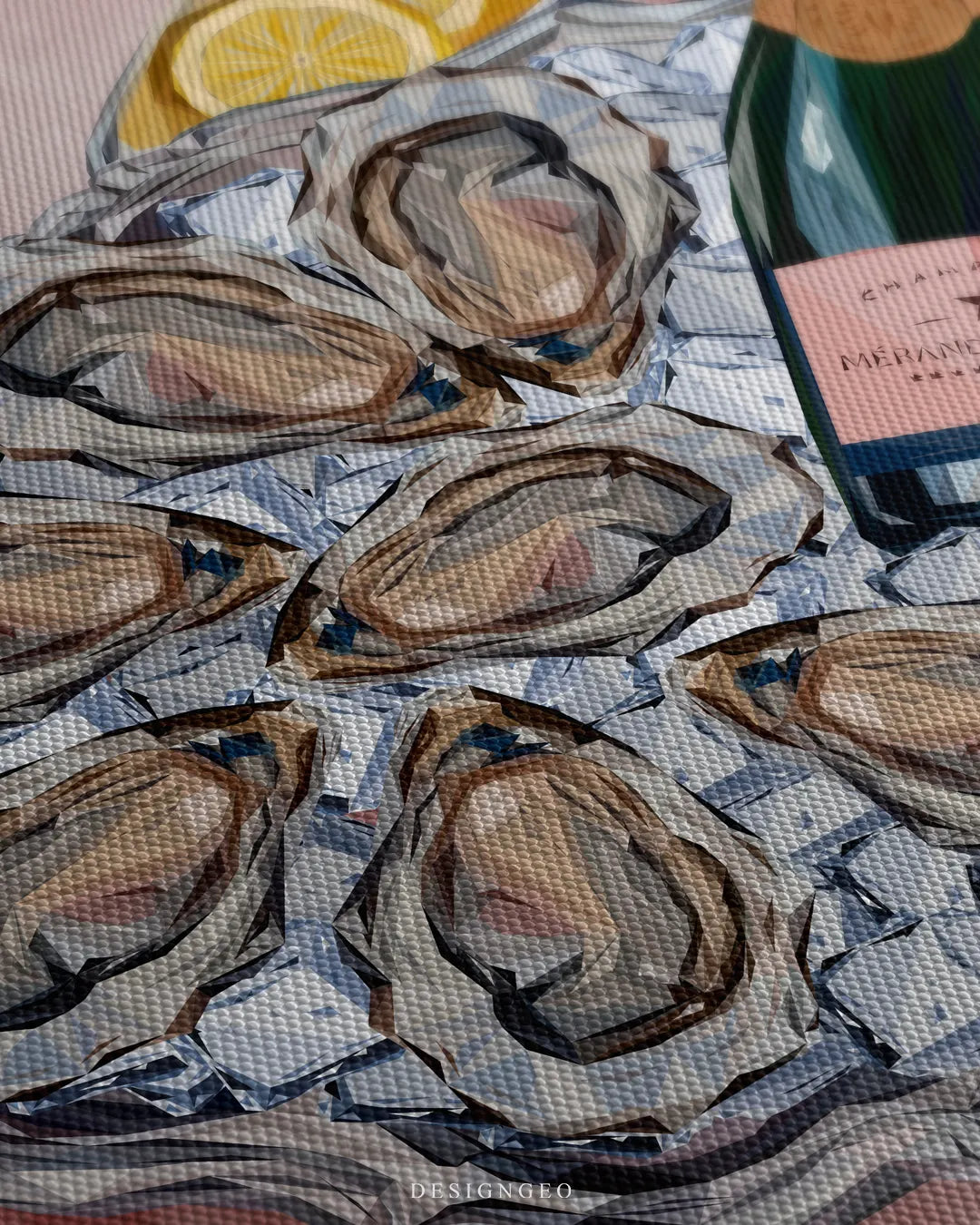 Detailed macro view displaying the polygonal low-poly facets of fresh oyster shells resting on crushed ice