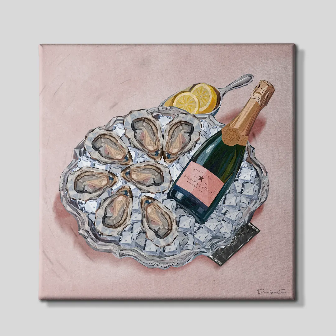 Front view of a square pink canvas print featuring a geometric artwork of fresh oysters on a glass ice platter with lemon slices, a black card, and a pink-labeled champagne bottle