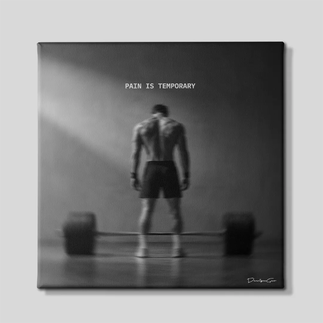 Black and white square fitness canvas wall art featuring back view of an athlete standing before a loaded barbell under quote Pain Is Temporary 0.75 inch thin wrap