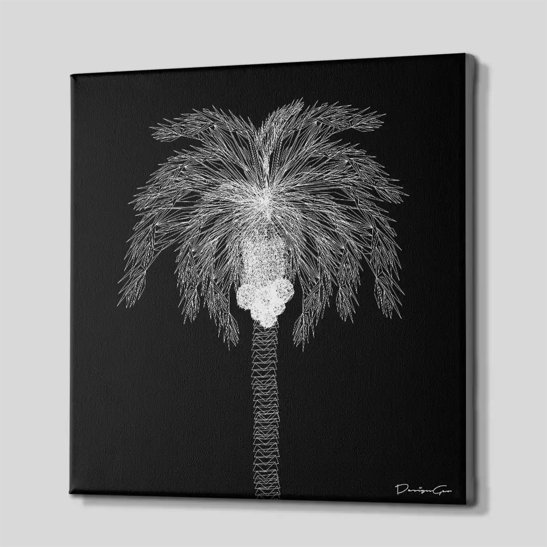 Side angle of the monochromatic minimalist palm tree canvas print, highlighting the high-quality gallery wrap finish and the professional 3D frame depth