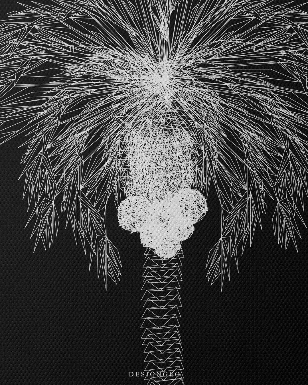 Close-up of minimalist botanical wall art titled Palm, featuring detailed white geometric lines forming a palm leaf silhouette on a dark background