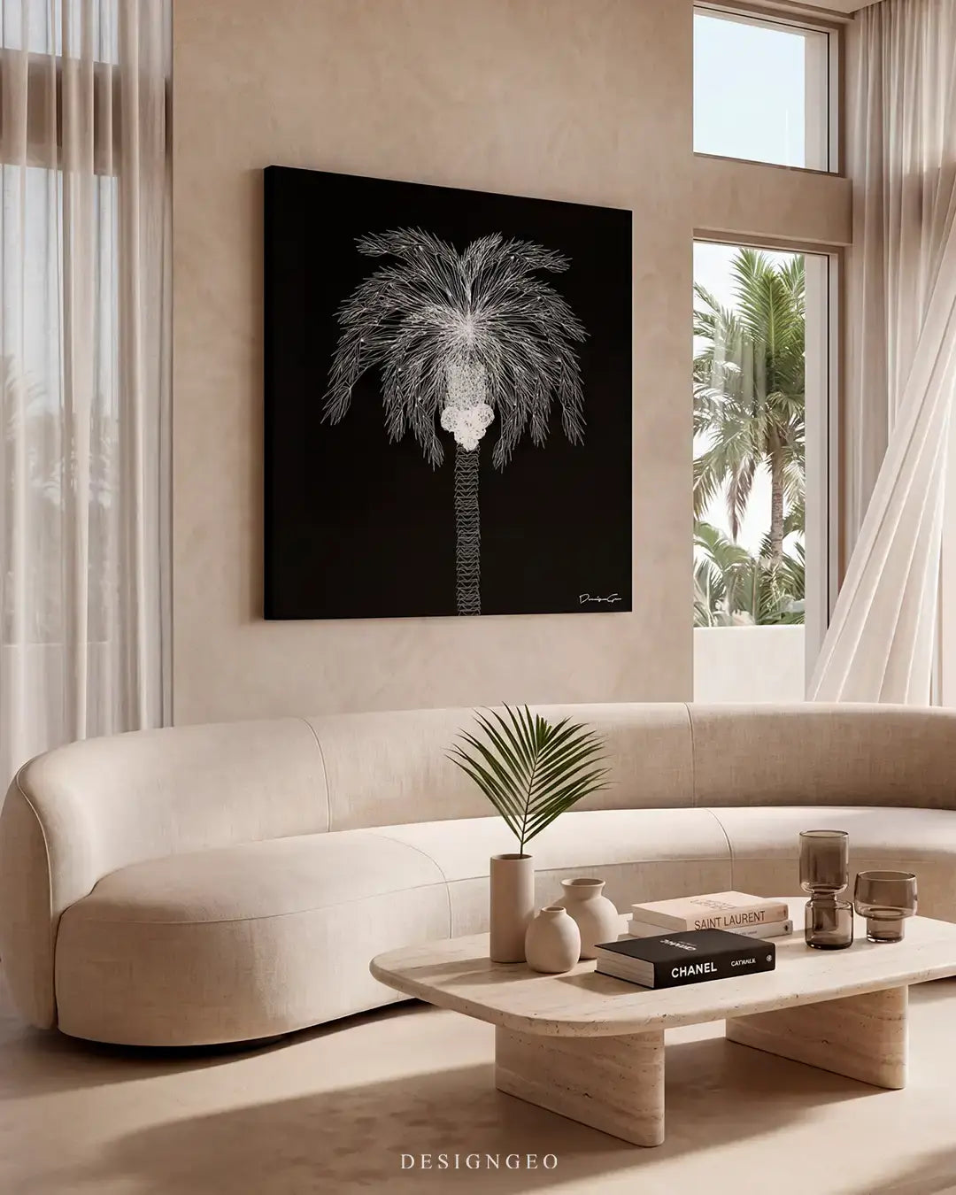 Modern livingroom interior displaying the abstract black and white Palm square canvas wall art above the sofa, adding a sleek tropical minimalist touch to home decor