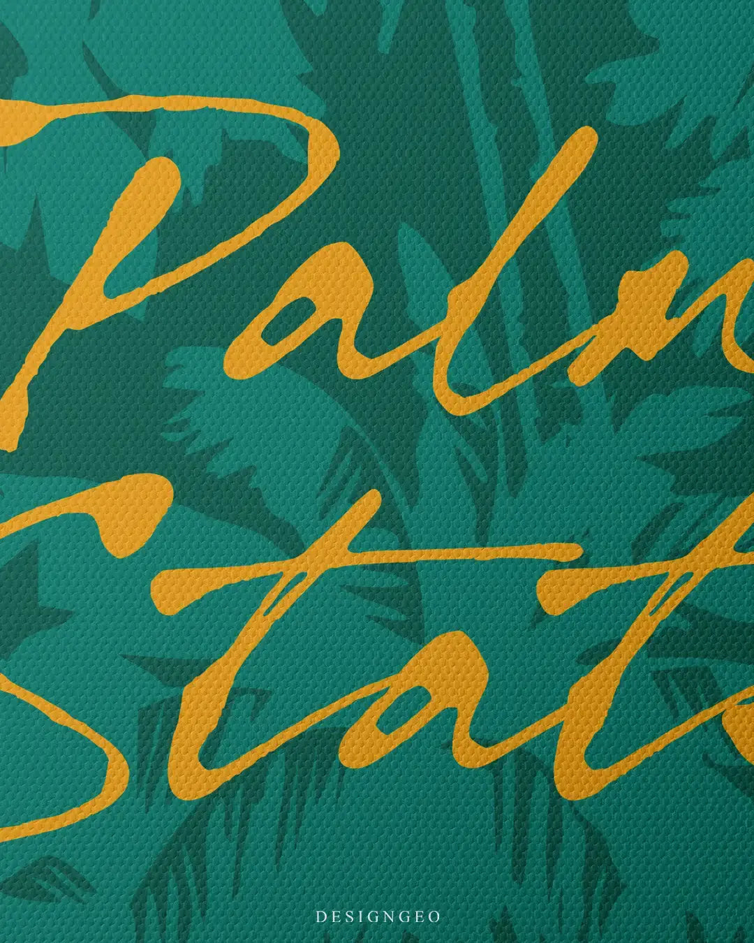 Detailed view of the "Palm State" art, showcasing the vibrant yellow contrast and the tropical-inspired abstract textures of the Florida lifestyle canvas