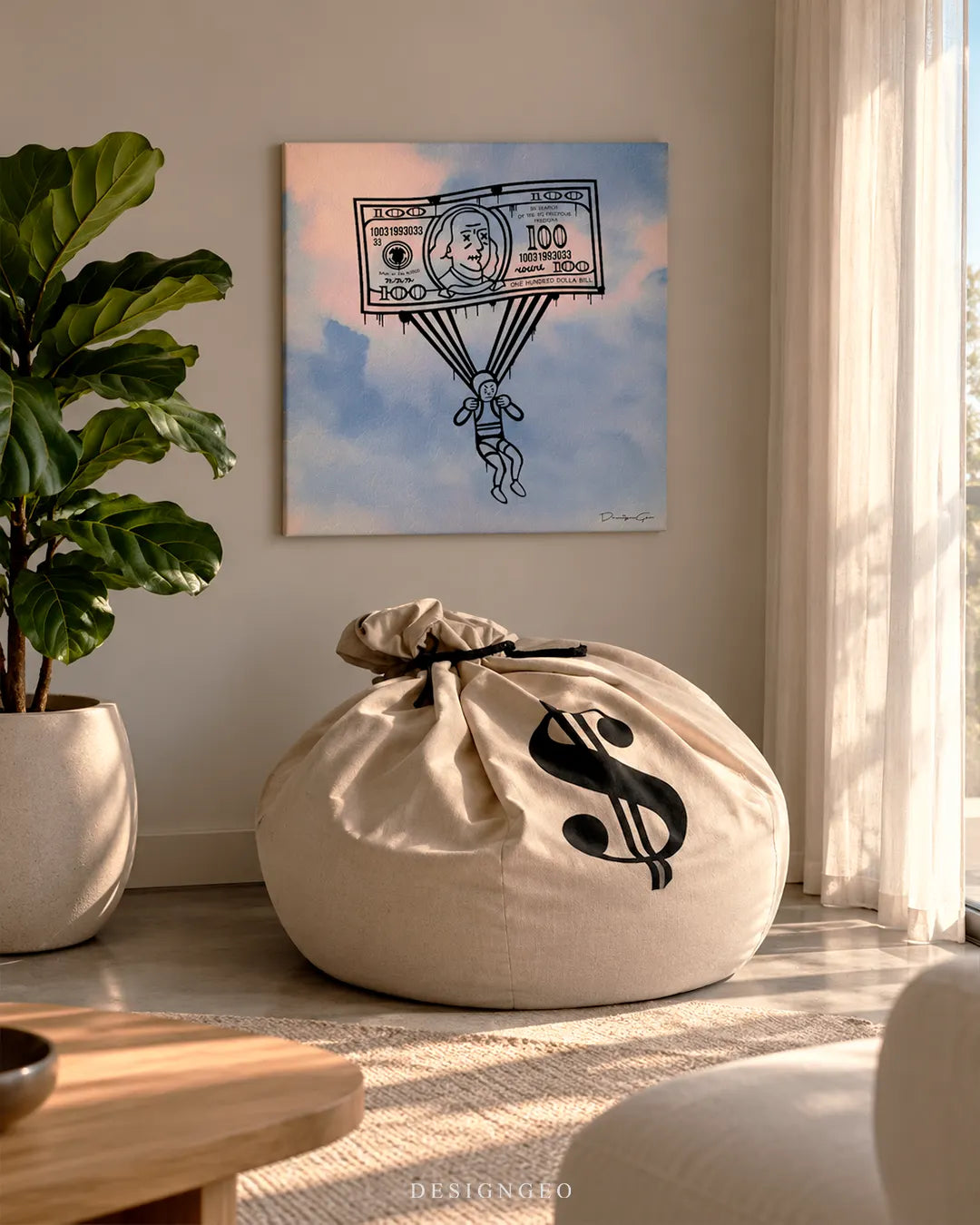 Paper Parachute street art dollar bill square canvas wall art mounted on light gray wall in modern living room above money bag beanbag 0.75 inch thin wrap