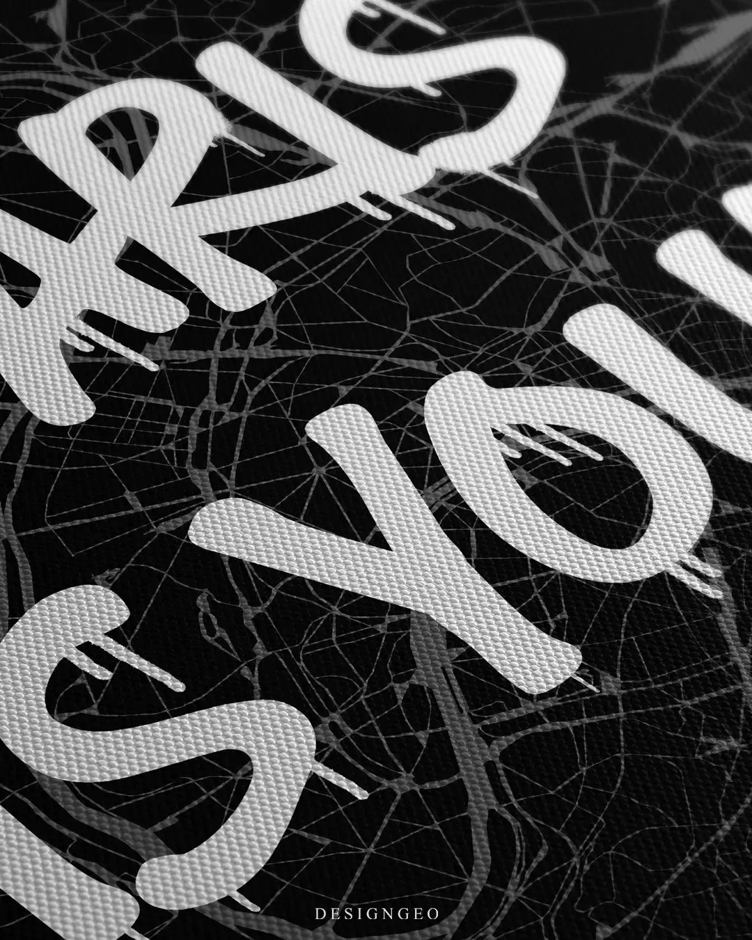 Detailed view of the "Paris is Yours" canvas, showcasing the stark contrast between the intricate Parisian street layout and the bold white spray-paint style lettering