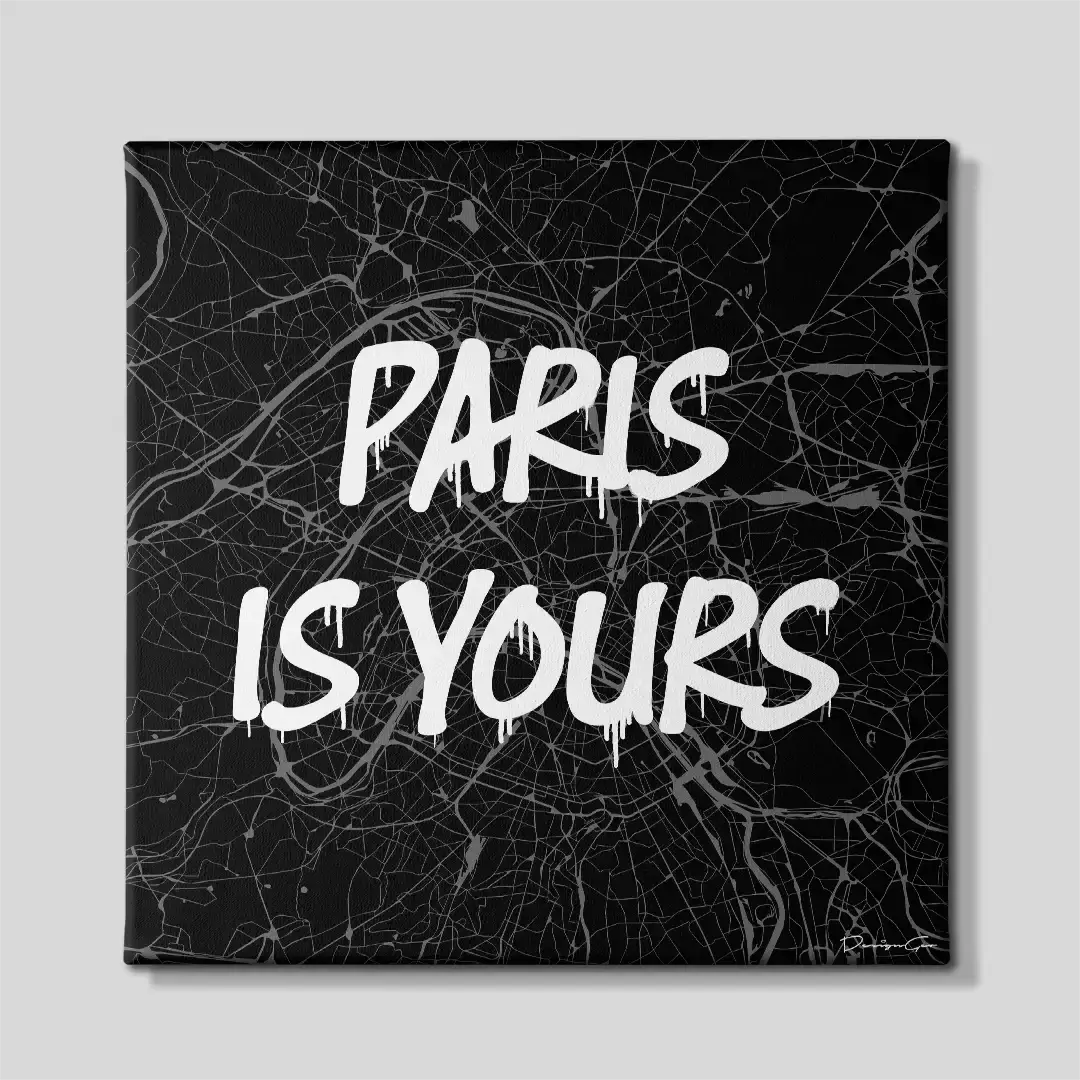Front view of the Paris is Yours square city map canvas print, a premium decorative piece for travel enthusiasts, luxury workspaces, and modern European decor layouts