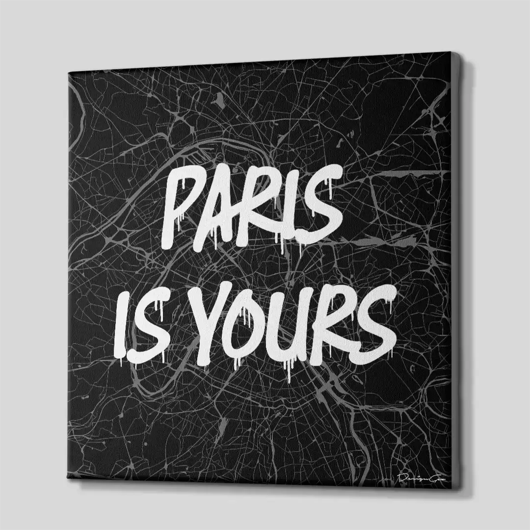 Side perspective of the Paris urban map canvas print, highlighting the premium gallery wrap finish and the solid 3D frame depth perfect for high-end wall decoration