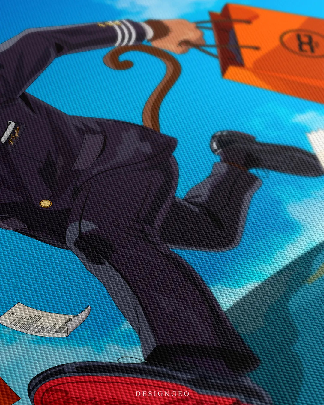 Angled close-up view focusing on the monkey's red-soled shoe stepping forward, tailored suit, luxury shopping bag, flying receipts, and fine canvas grain