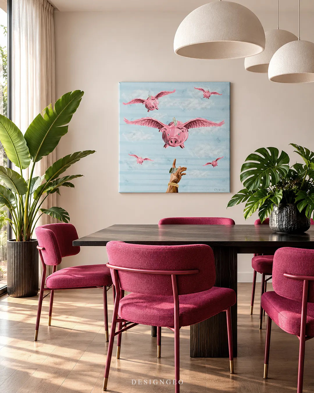 Flying pink piggy banks in blue sky square canvas wall art displayed on a beige wall in a modern dining room above a dark wood table with magenta chairs 0.75 inch thin wrap