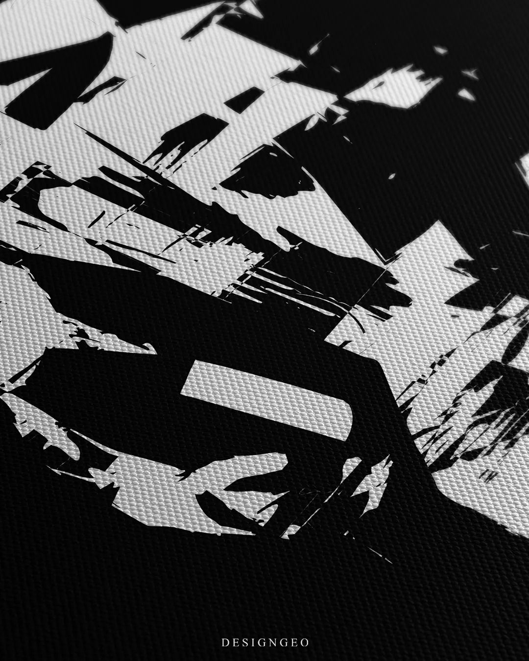 Angled close-up view displaying the fine woven canvas texture and high-contrast stencil detailing of the race car driver helmet and visor