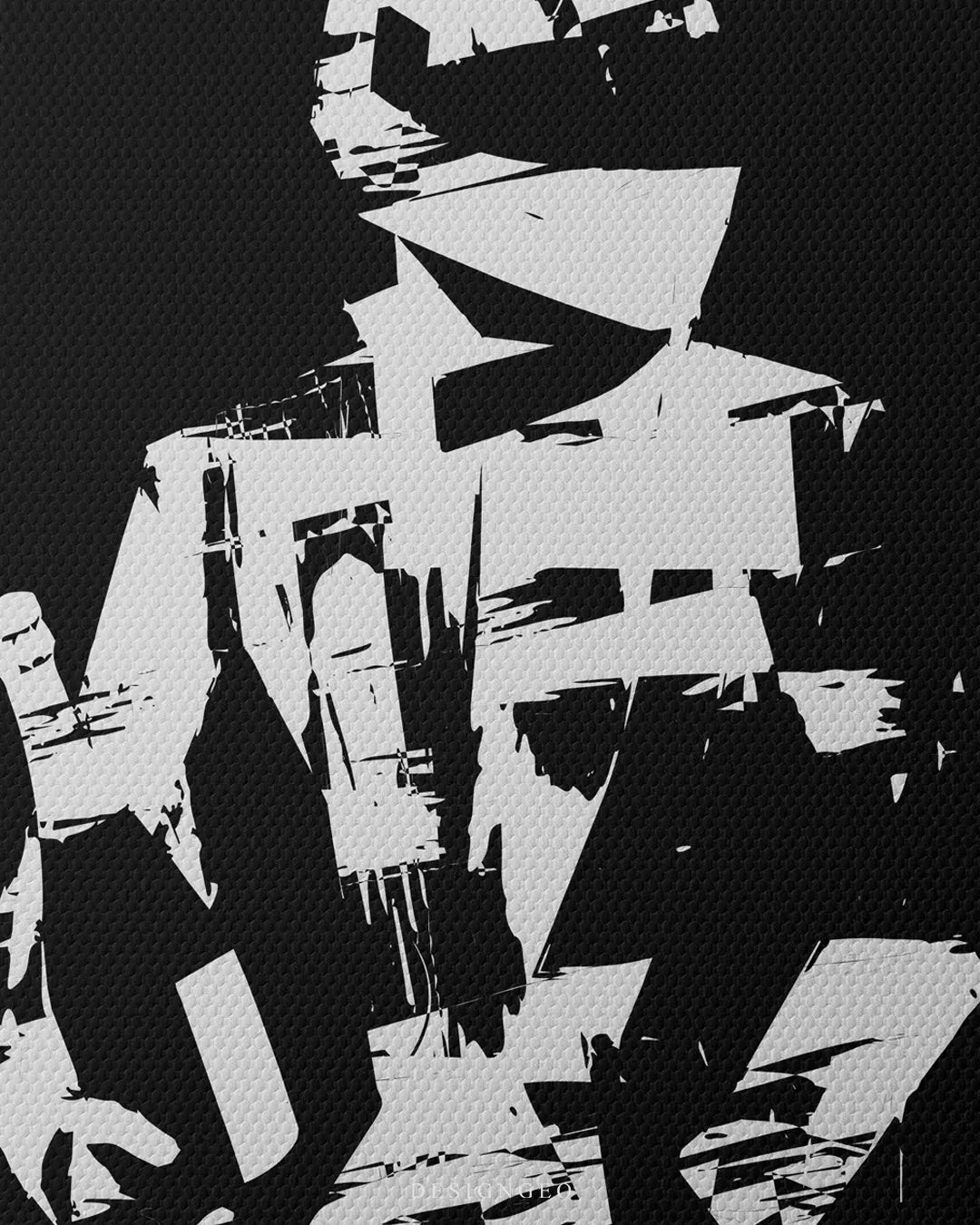Vertical macro detail shot highlighting the textured canvas surface, high-contrast black background, and abstract white brushstrokes on the driver suit print