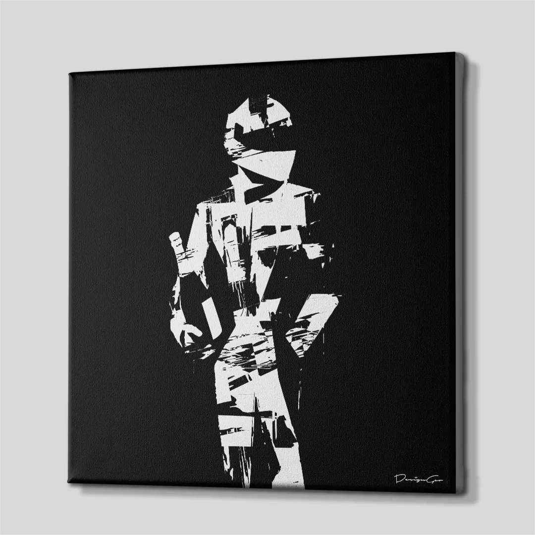 Three-quarter side perspective of the square black and white racing driver canvas wall art, showing wrapped finished edges over a wooden frame