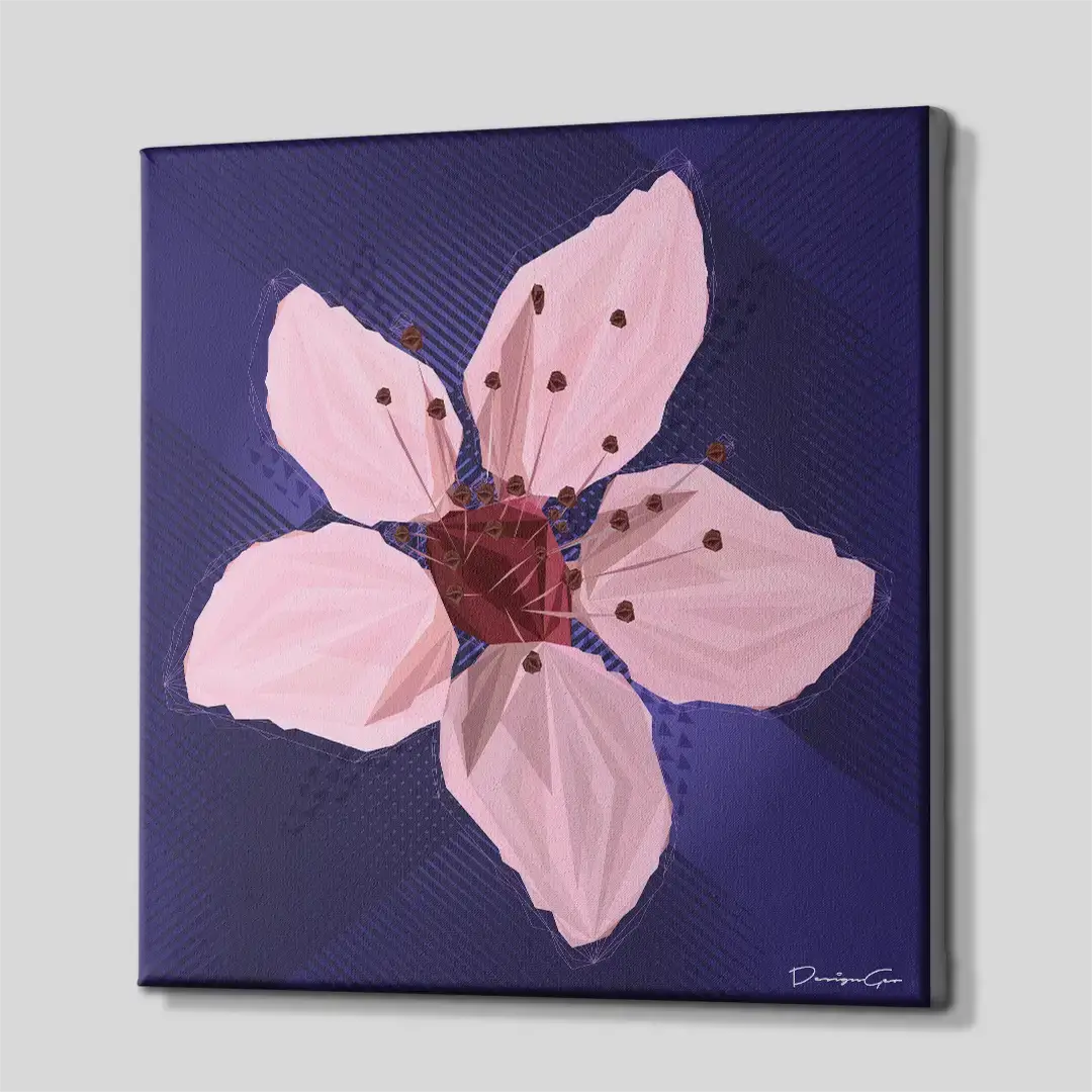 Side perspective of the modern pink blossom flower canvas print, highlighting the high-quality gallery wrap finish and solid 3D frame depth for luxury walls