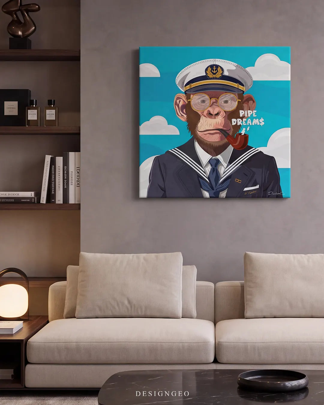 Modern luxury living room interior with a beige sofa, displaying the square captain monkey canvas wall art hanging on a neutral grey wall beside open shelving with books