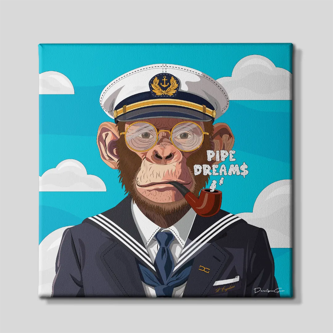 Front view of a square canvas print featuring a chimpanzee dressed as a navy captain with round glasses, smoking a wooden pipe with PIPE DREAMS smoke lettering against a bright blue sky background